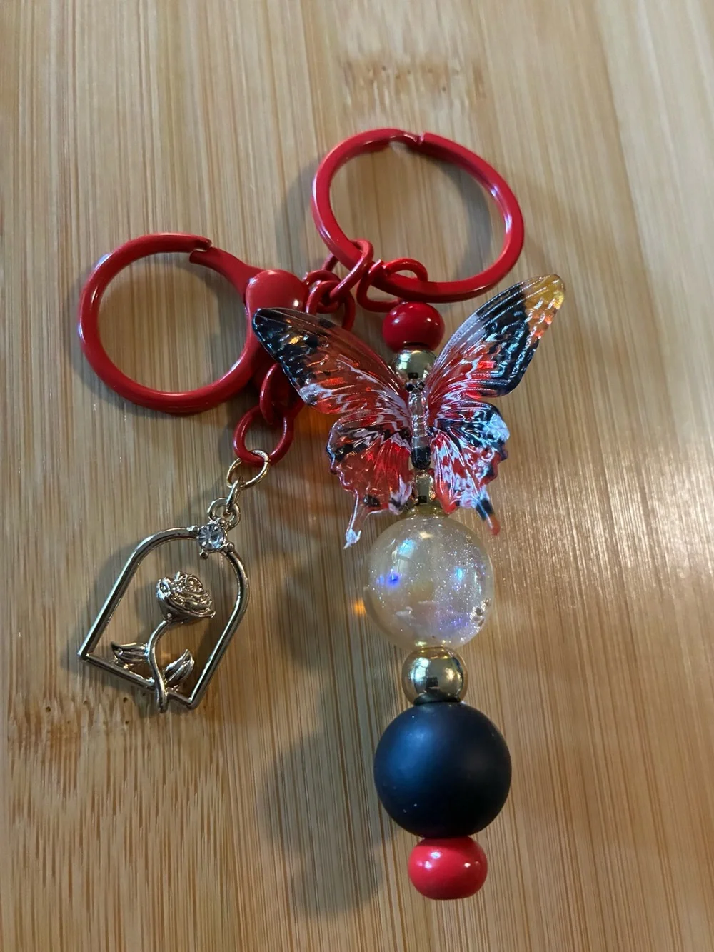 Red Butterfly Beaded Keychain with Flower Charm